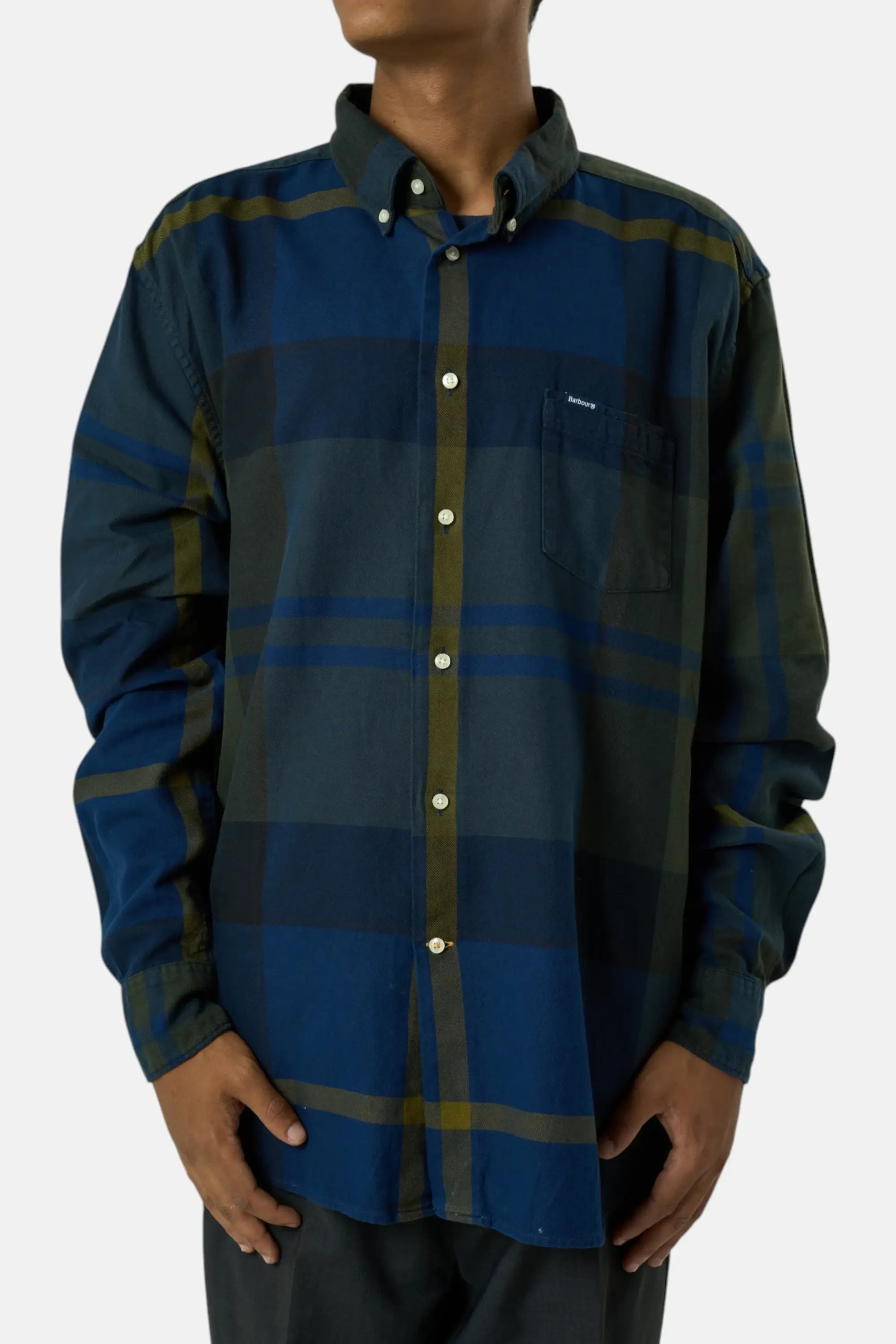 Barbour Camicia blu/verde uomo vintage second hand, fronte